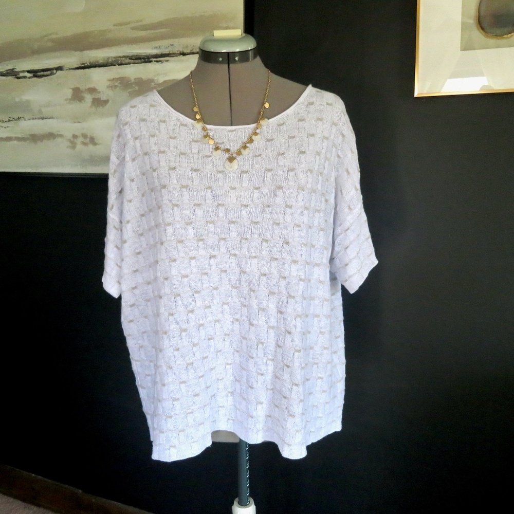 Eileen Fisher 100% Organic Linen Knit Top White and Khaki Size Medium